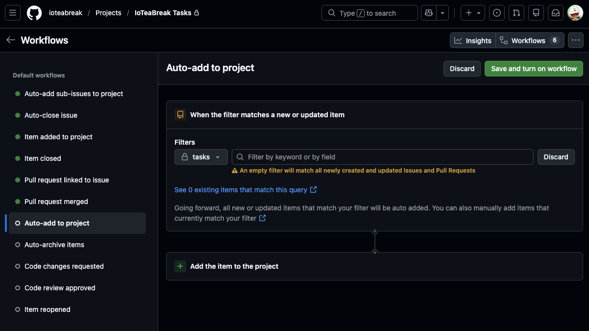 Workflows設定スクリーンショット